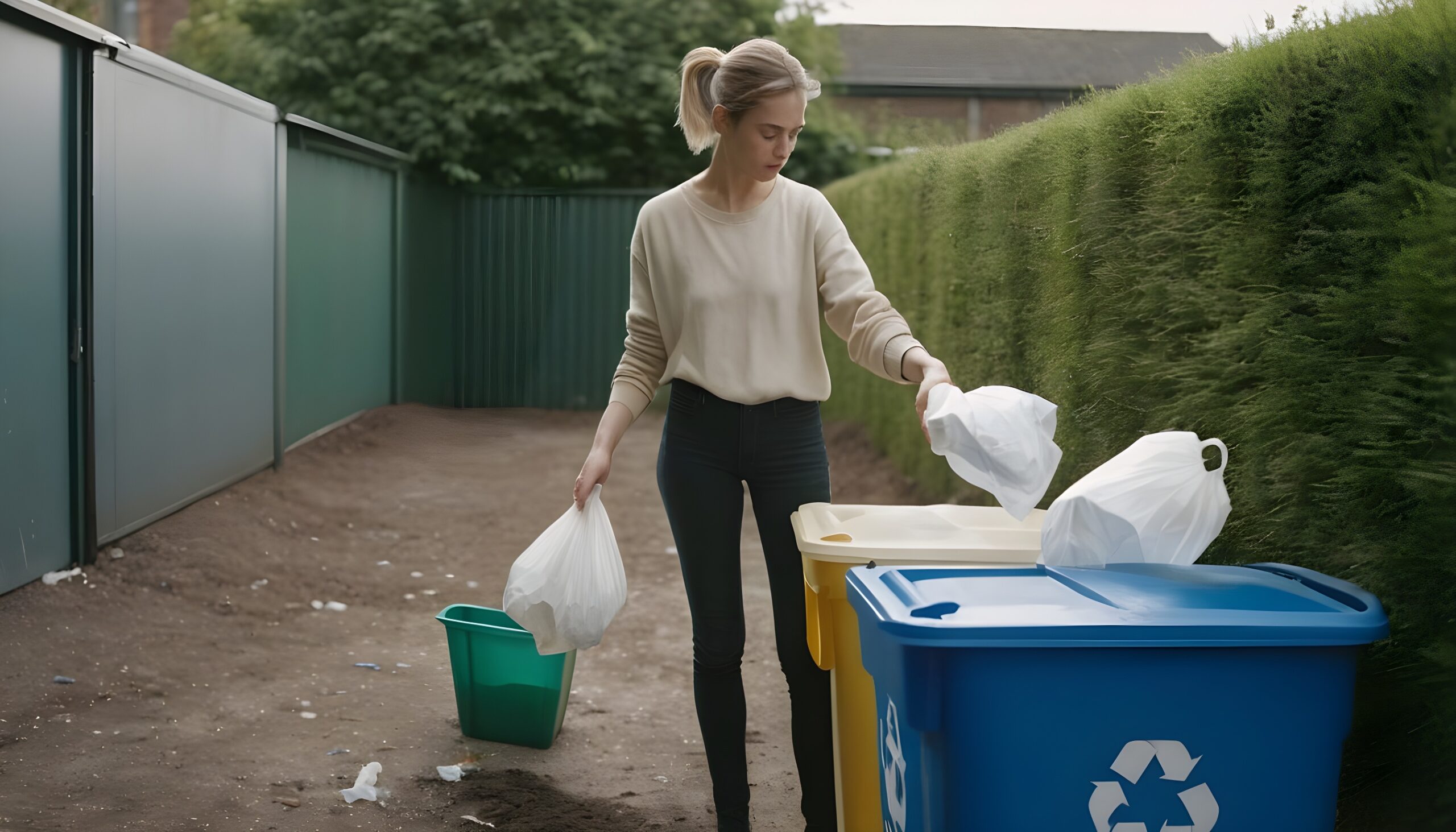 woman-recycling-plastic-bottle-while-deciding-between-three-bins-to-choose--One-bin-is-filled-with-paper--one-with-biodegradeble-compost-and-the-third-is-filled-with-plastics--The-wo